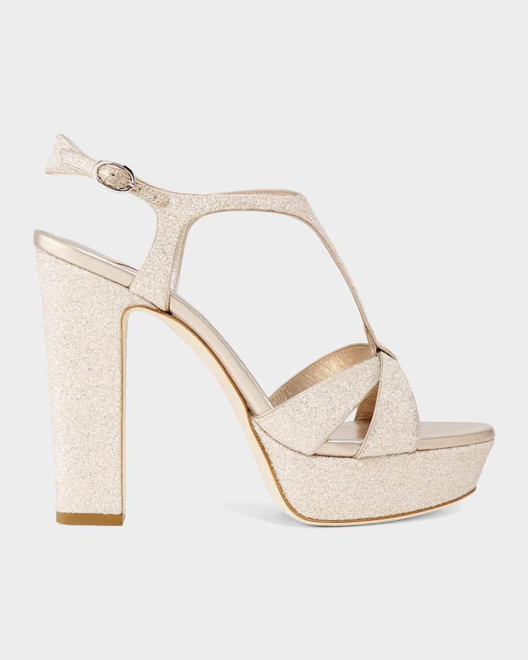120mm Kesia Glitter Leather Platform Sandals by JIMMY CHOO