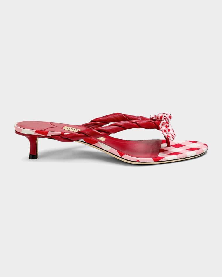 35mm Liss Leather and Gingham Bow Kitten-Heel Sandals by JIMMY CHOO