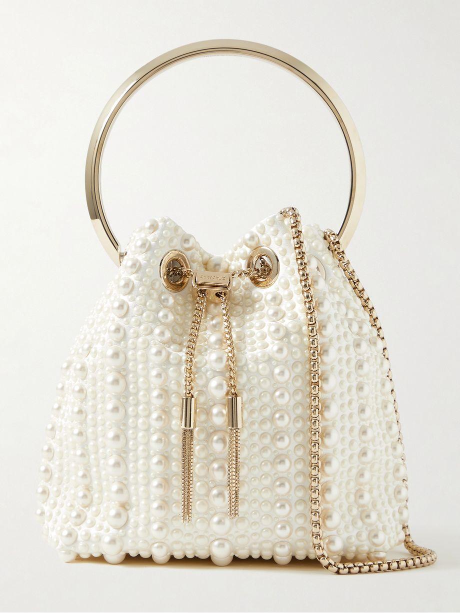 Bon Bon faux pearl-embellished satin bucket bag by JIMMY CHOO
