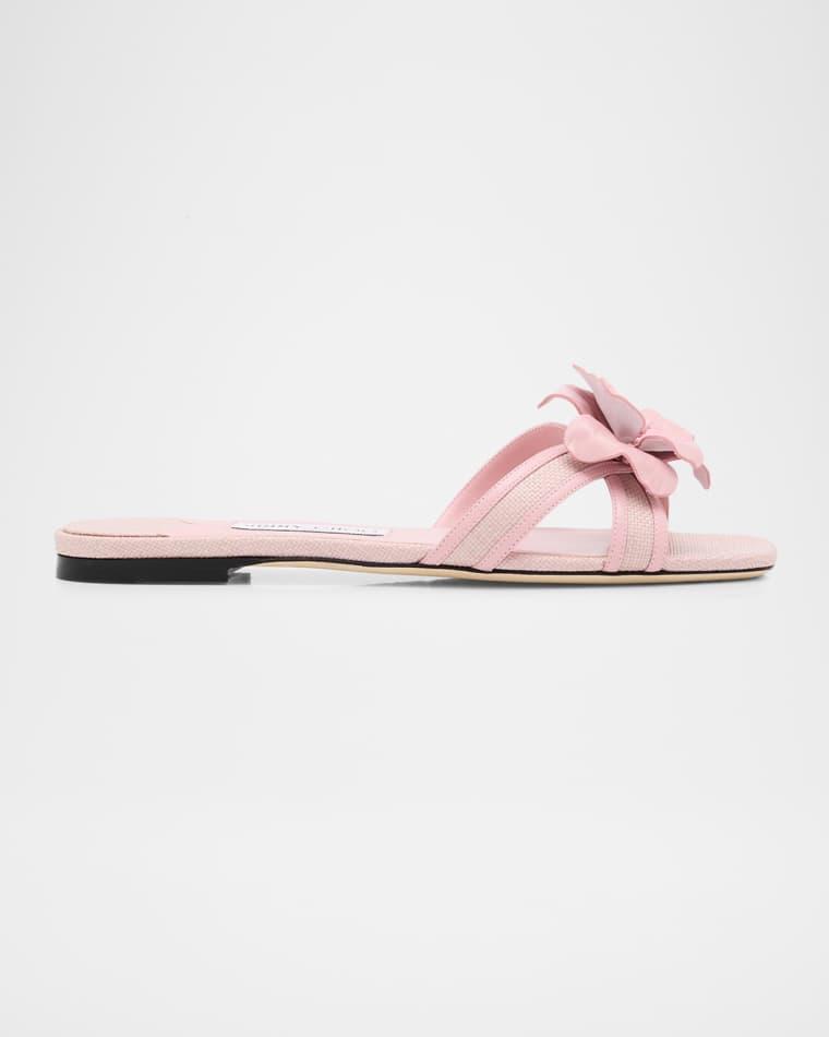Delani Flower Raffia and Leather Flat Slide Sandals by JIMMY CHOO