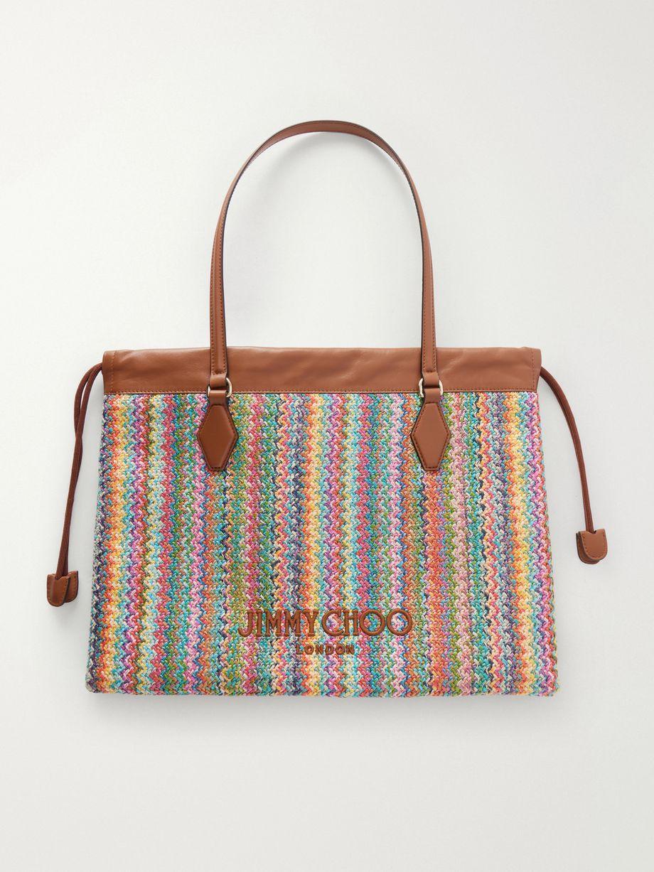 Leather-trimmed striped raffia tote bag by JIMMY CHOO