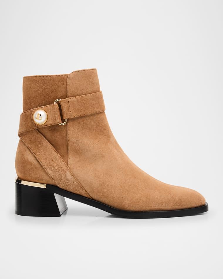 Noor 45 Suede Pearly-Button Ankle Booties by JIMMY CHOO