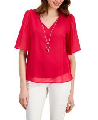 Women's Flutter-Sleeve Necklace Top by JM COLLECTION