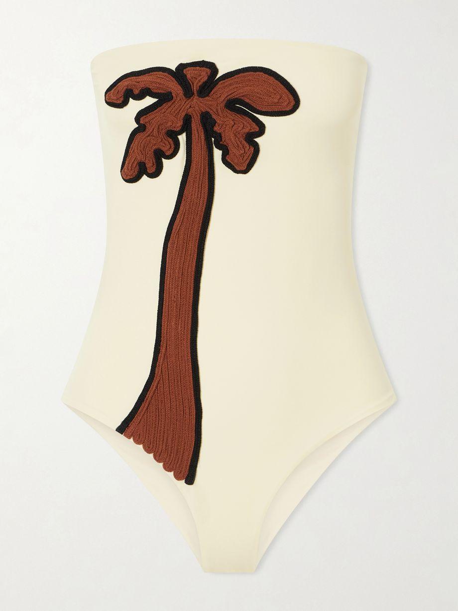 Palm appliquéd strapless swimsuit by JOHANNA ORTIZ