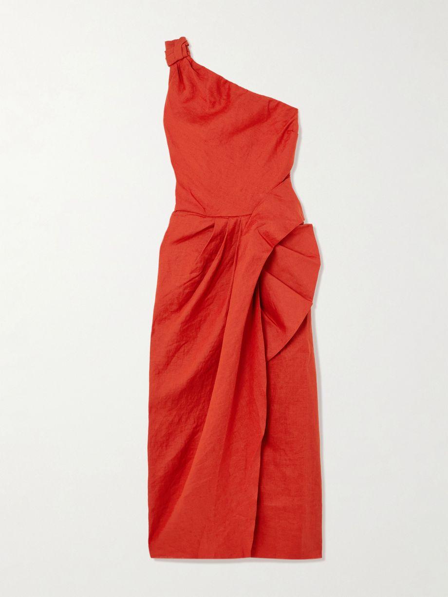 Salsero one-shoulder knotted ruffled draped linen midi dress by JOHANNA ORTIZ