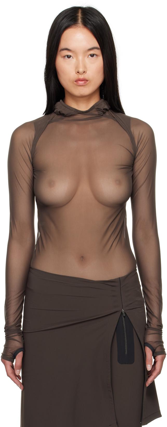 Brown Mesh Hoodie by JOHANNA PARV