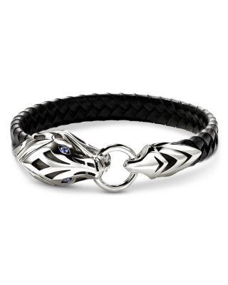 Men's Sterling Silver Naga Blue Sapphire Black Leather Bracelet by JOHN HARDY