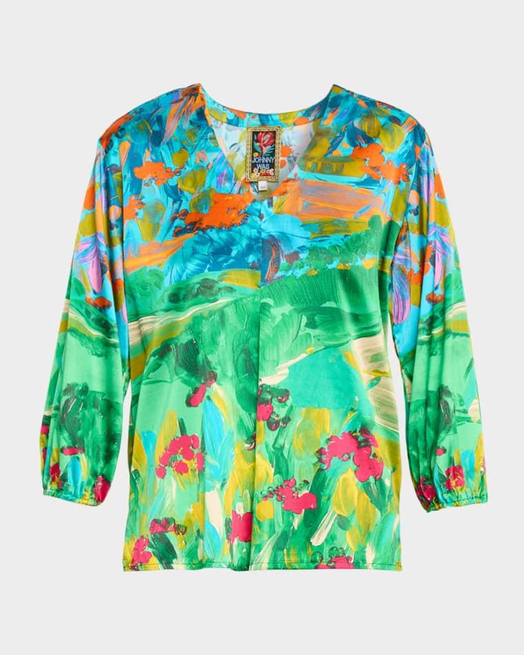 Arlo Painterly-Print Satin Blouse by JOHNNY WAS