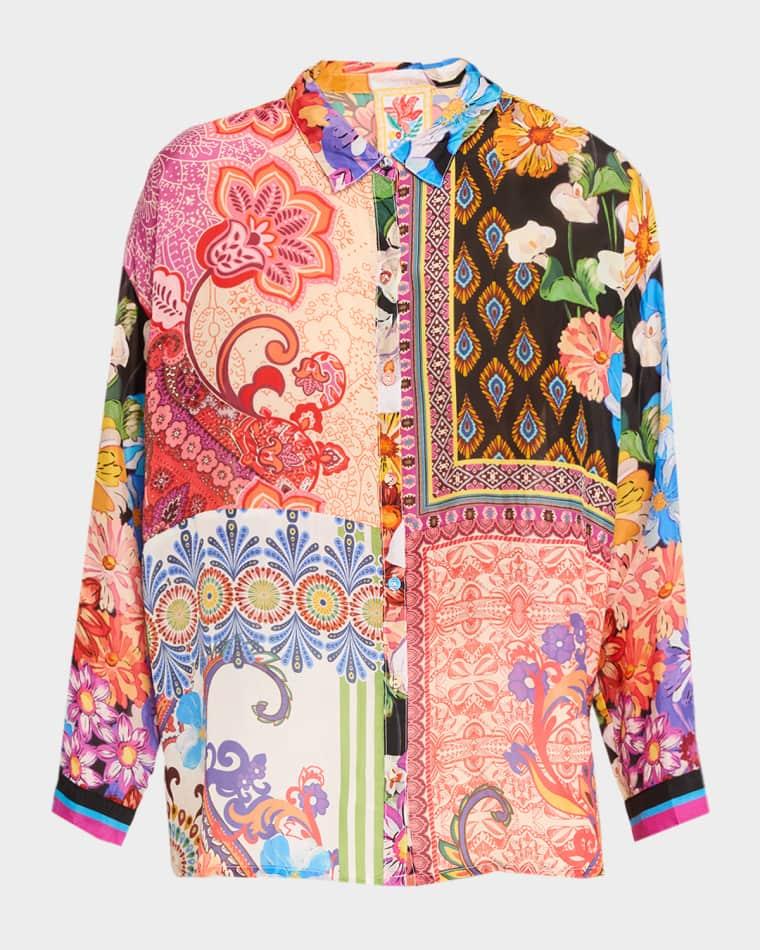 Audrey Patchwork Floral-Print Silk Shirt by JOHNNY WAS