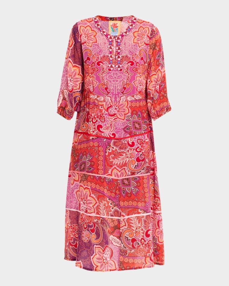 Beaded Floral-Print Midi Dress by JOHNNY WAS