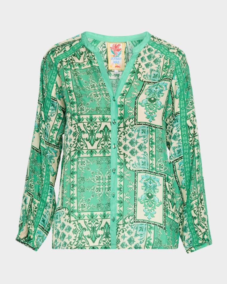 Ellen Patchwork Silk Button-Up Shirt by JOHNNY WAS