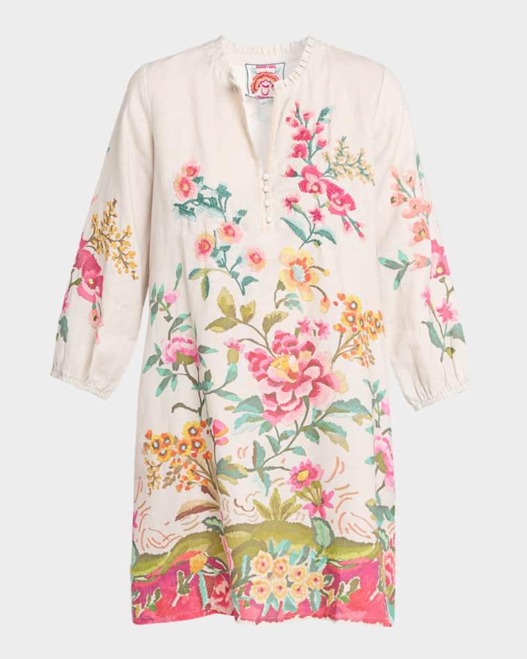 Floral-Embroidered Linen Mini Shift Dress by JOHNNY WAS