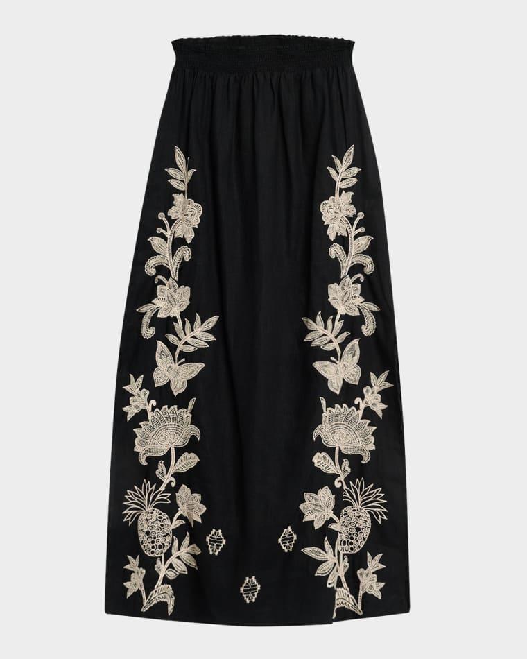 Orla Floral-Embroidered Linen Maxi Skirt by JOHNNY WAS