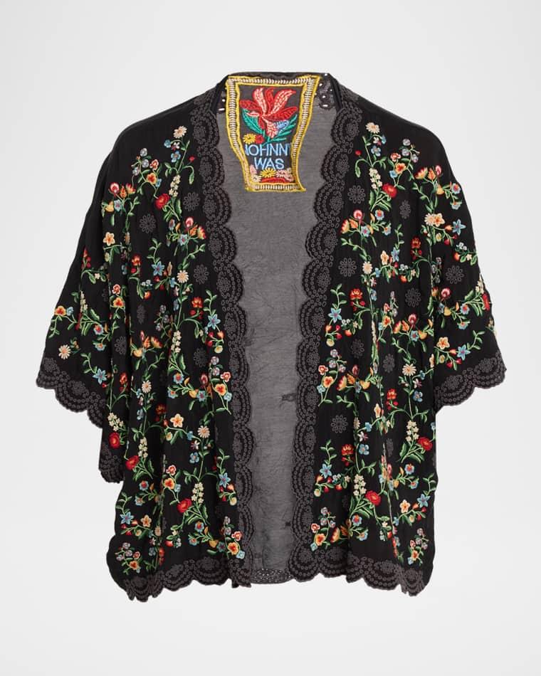Roseum Floral-Embroidered Short Kimono by JOHNNY WAS
