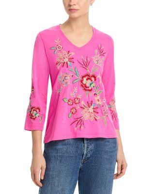 Three Quarter Sleeve Traounto V Neck Tee by JOHNNY WAS