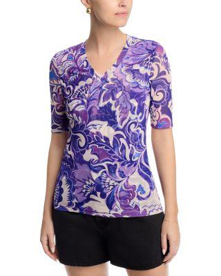 V Neck Elbow Sleeve Mesh Top by JOHNNY WAS