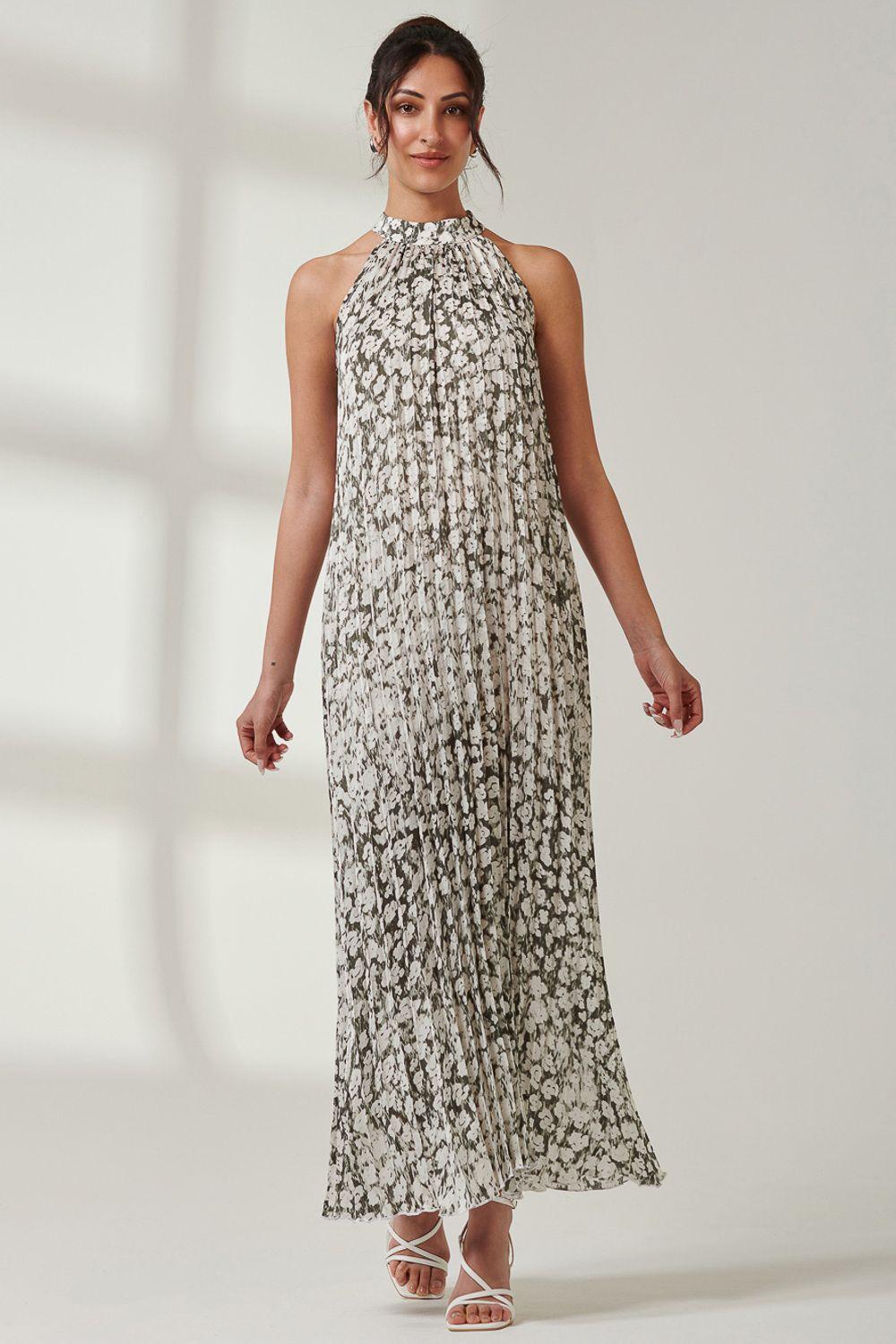 Abstract Halter Neck Pleated Maxi Dress by JOLIE MOI