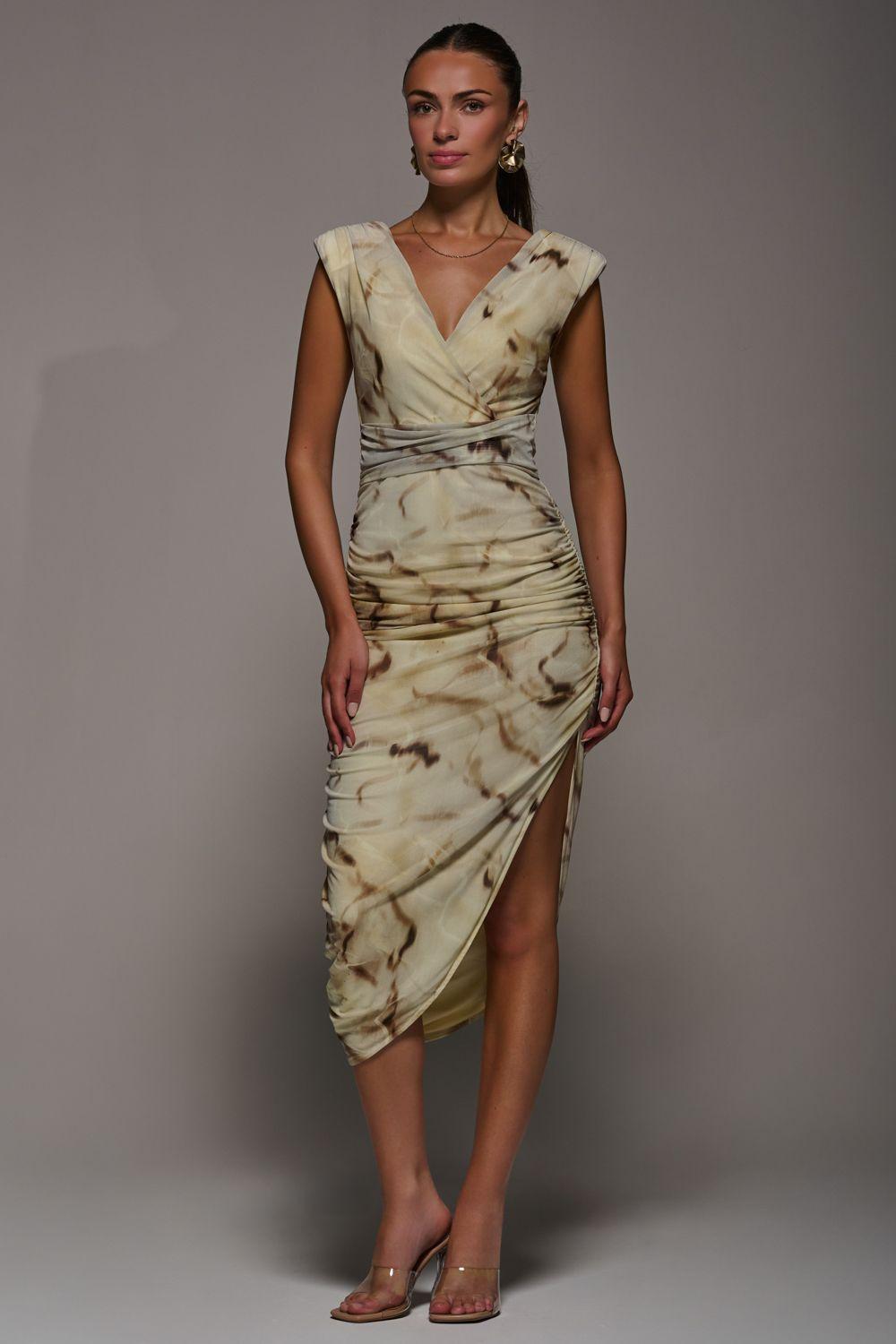 Abstract Ruched Asymmetric Bodycon Dress by JOLIE MOI