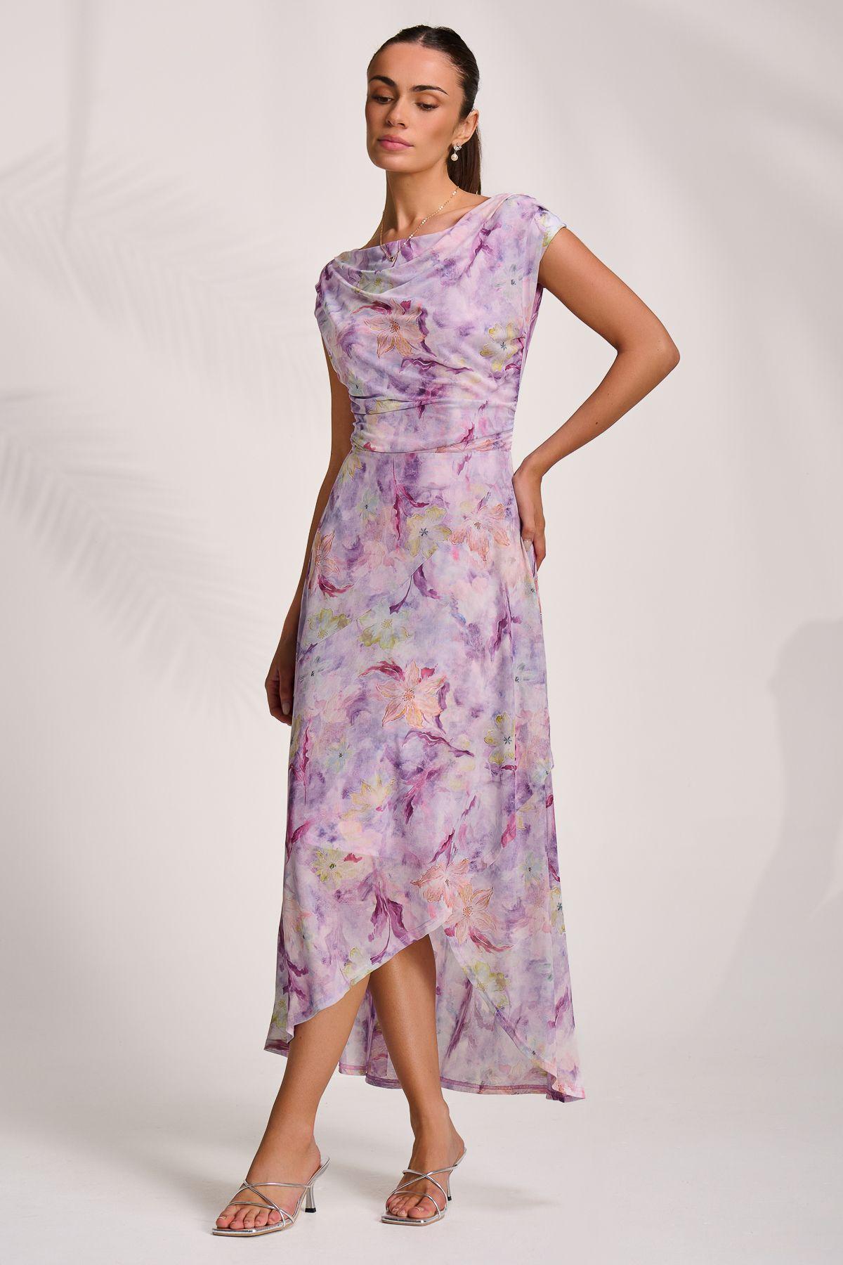 Asymmetric Draped Mesh Maxi Dress by JOLIE MOI