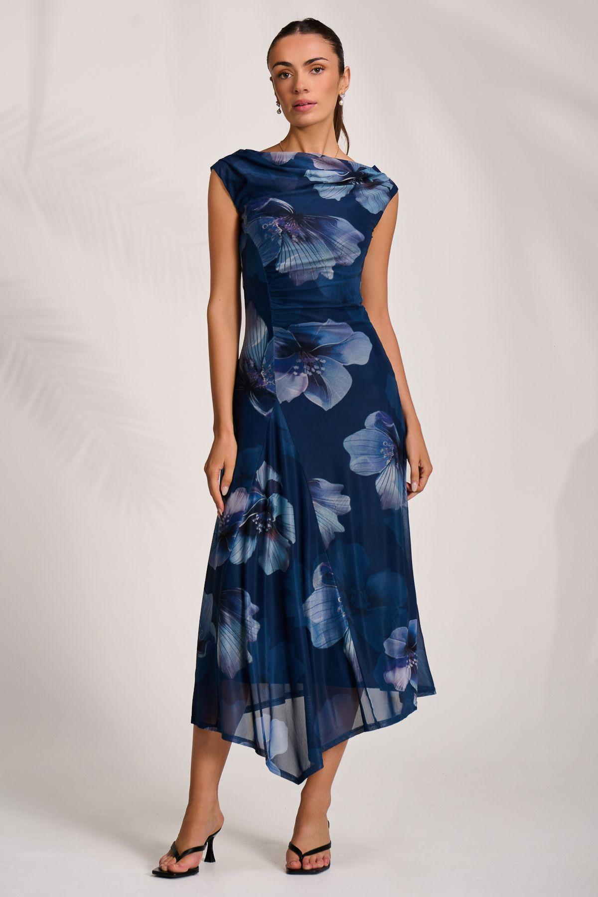 Asymmetric Draped Mesh Midaxi Dress by JOLIE MOI