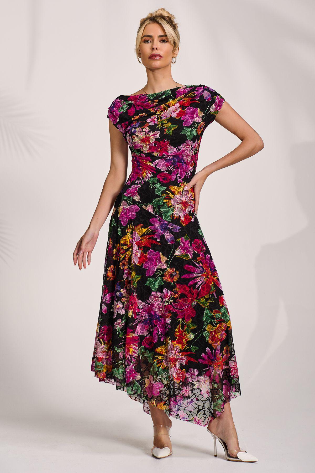 Asymmetric Draped Print Lace Maxi Dress by JOLIE MOI