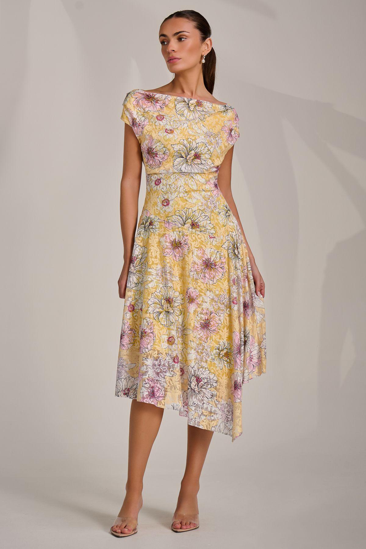 Asymmetric Printed Lace Draped Dress by JOLIE MOI