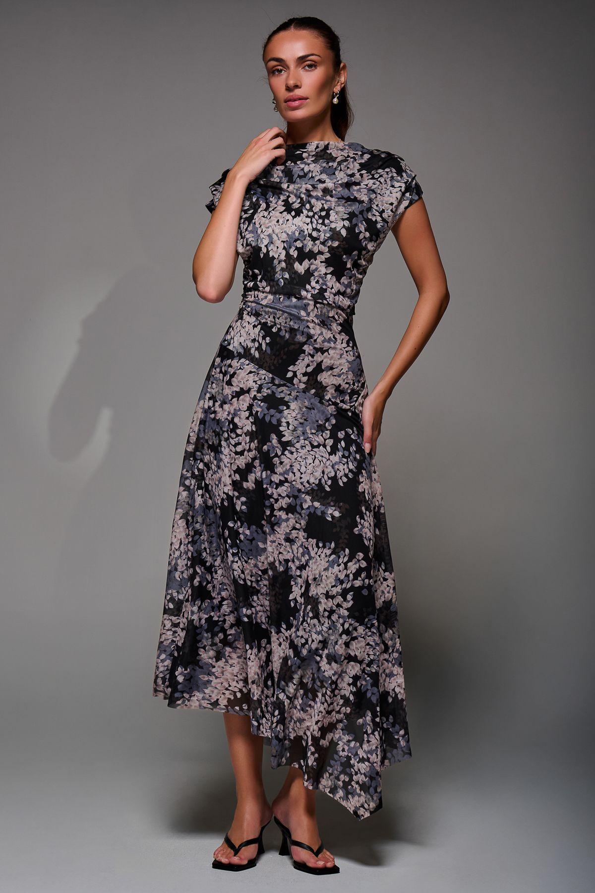 Asymmetrical Draped Slash Neck Midaxi Dress by JOLIE MOI