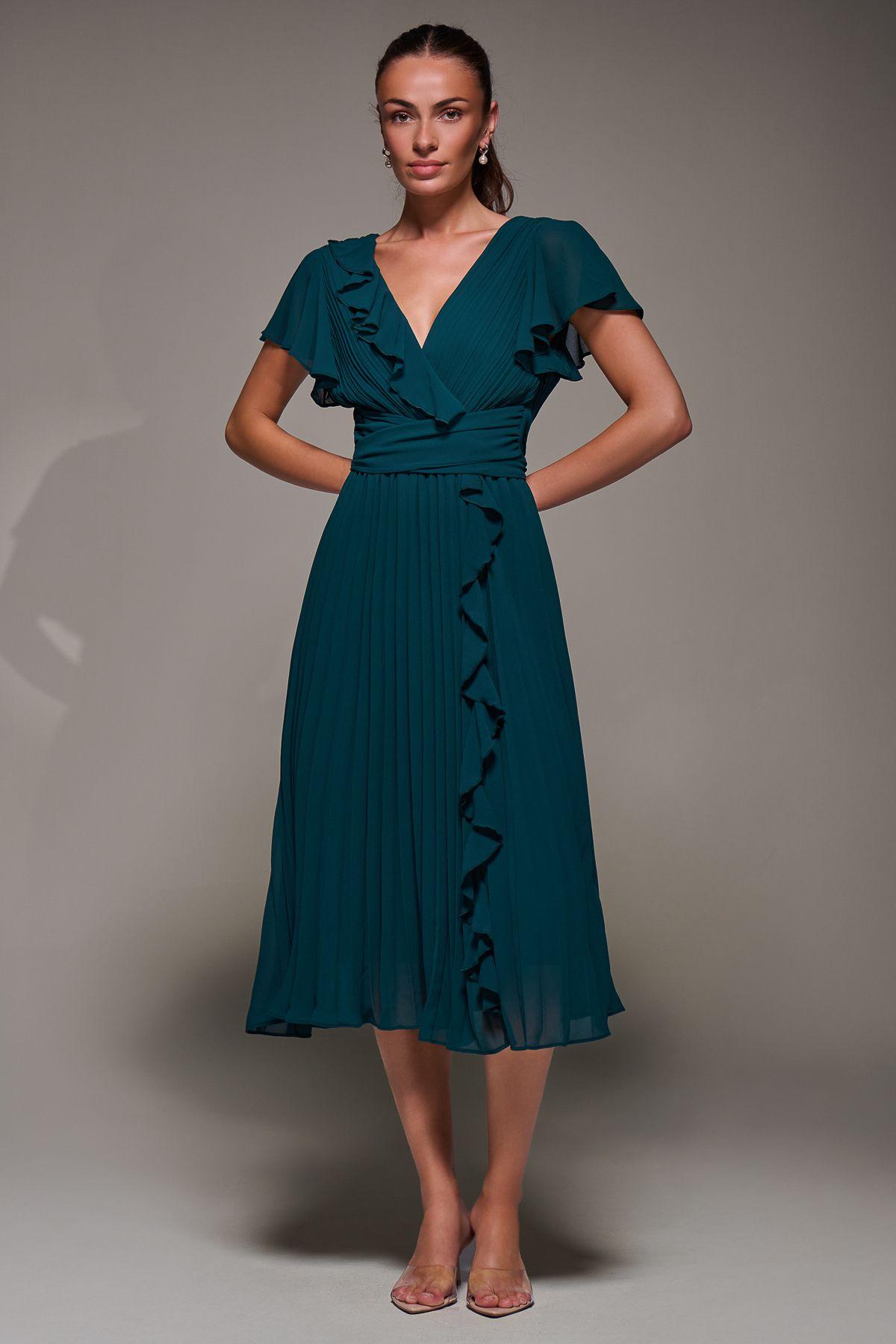 Chiffon Pleated Ruffle Midi Dress by JOLIE MOI