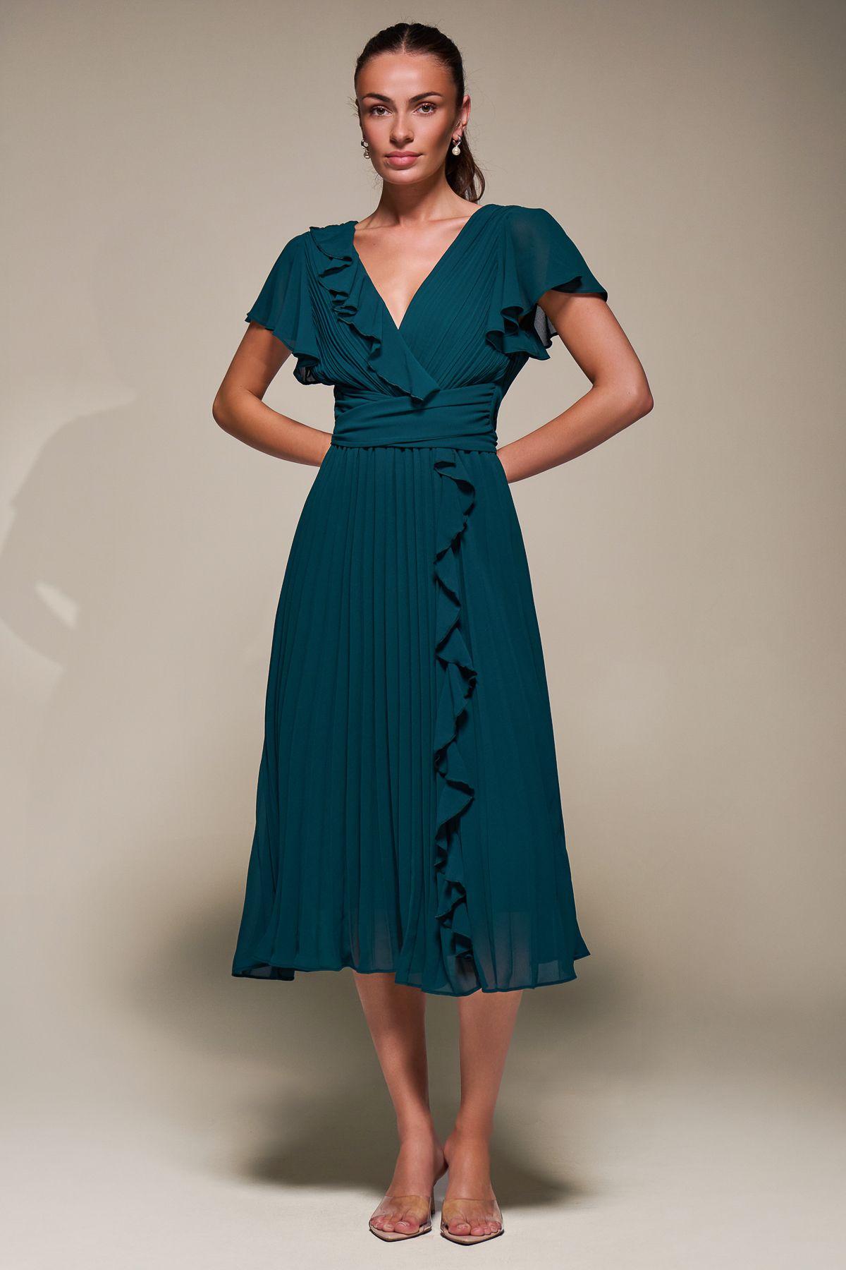 Chiffon Pleated Ruffle Midi Dress by JOLIE MOI