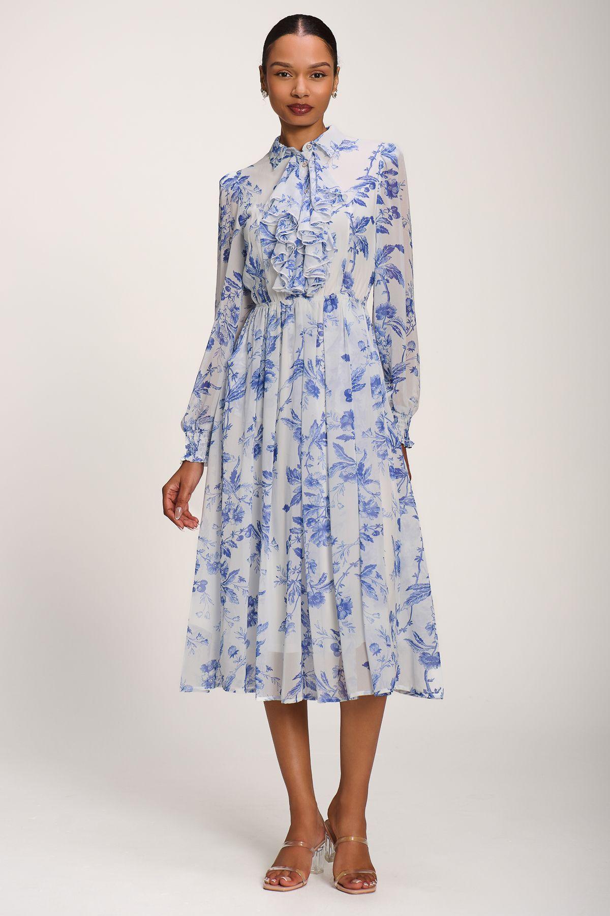 Chiffon Print Ruffled Shirt Dress by JOLIE MOI