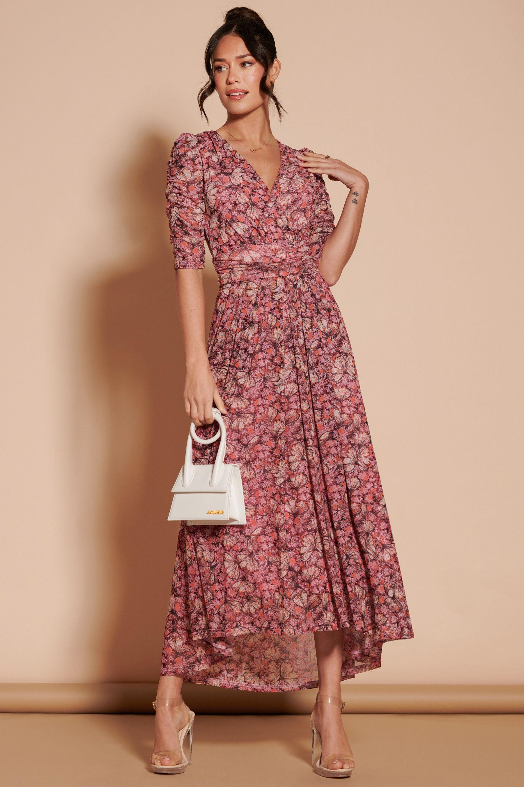 Dasha Ruched Sleeved Mesh Maxi Dress by JOLIE MOI Dasha Ruched Sleeved Mesh Maxi Dress by JOLIE MOI