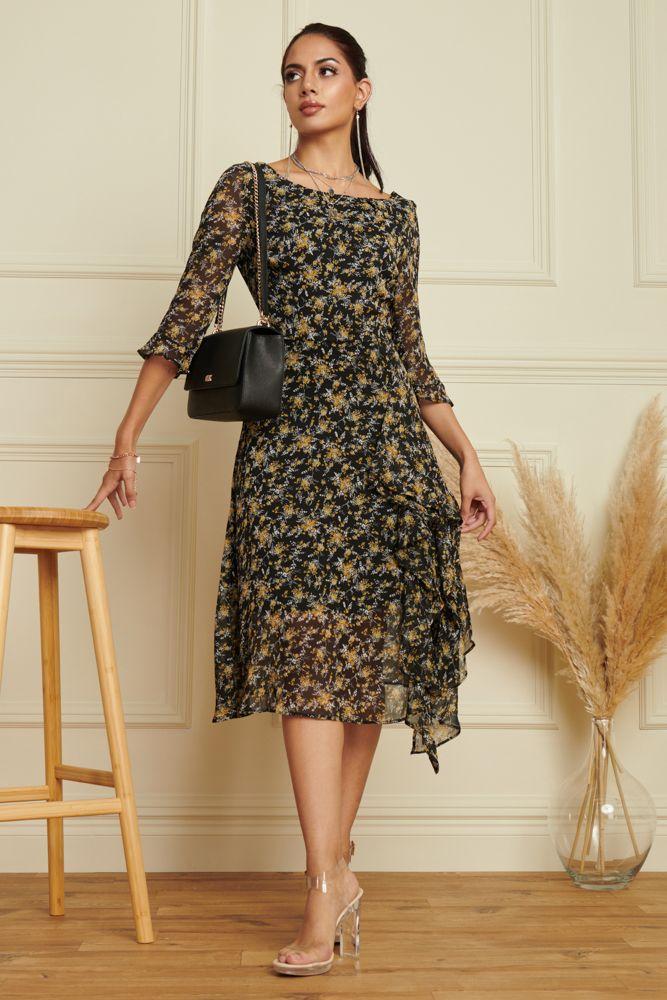 Floral Chiffon Frill Hem Midi dress by JOLIE MOI