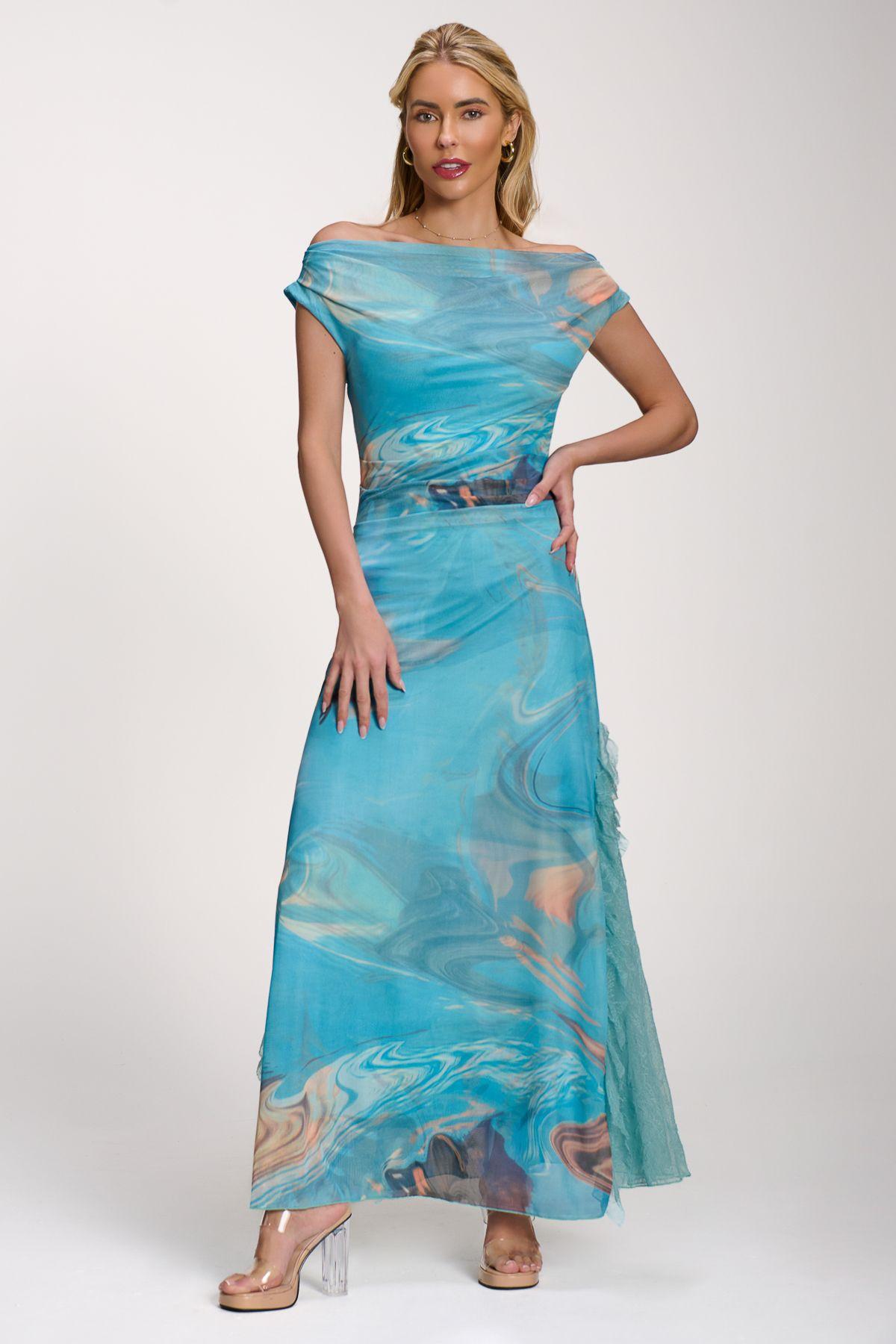 Lace Insert Ruched Mesh Maxi Dress by JOLIE MOI