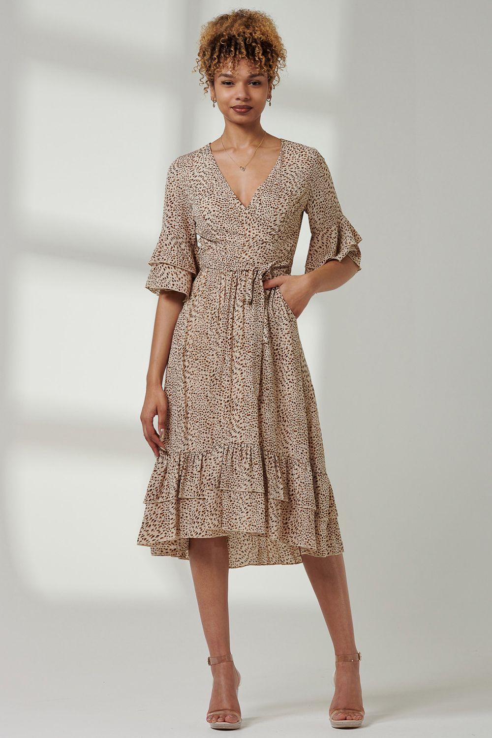 Litzy Print Flute Sleeve Midi Dress by JOLIE MOI