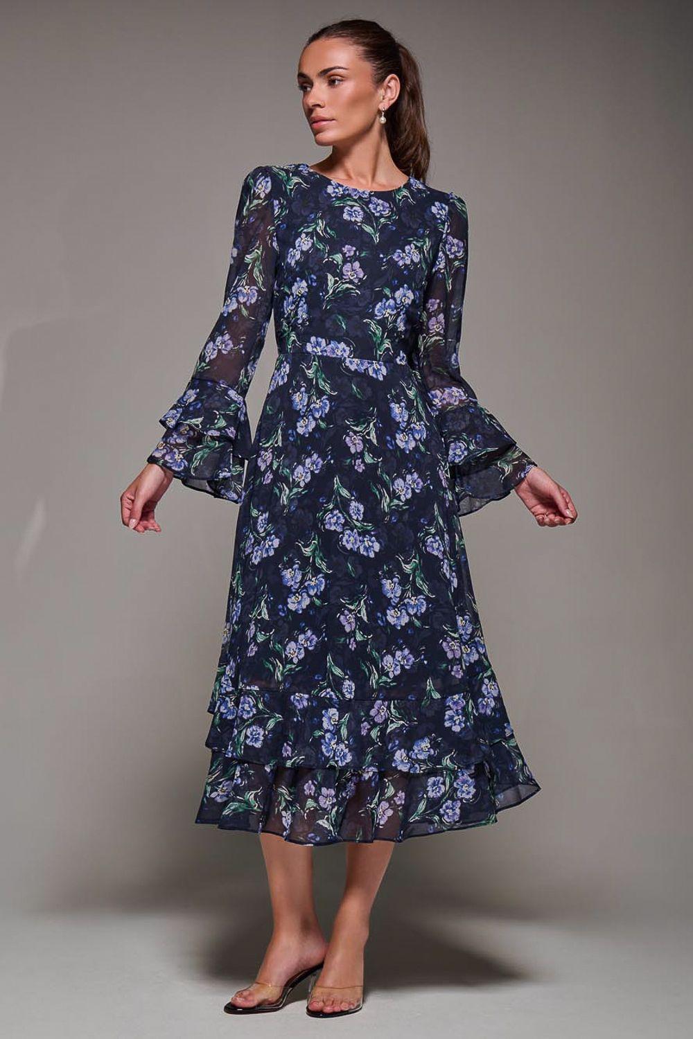 Long Sleeve Chiffon Frill Midaxi Dress by JOLIE MOI