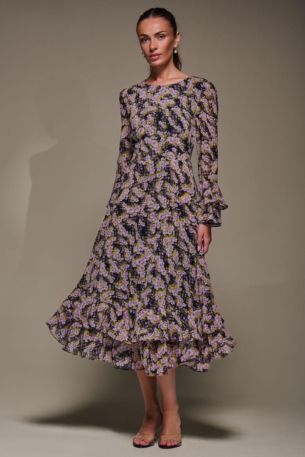 Long Sleeve Chiffon Frill Midaxi Dress by JOLIE MOI