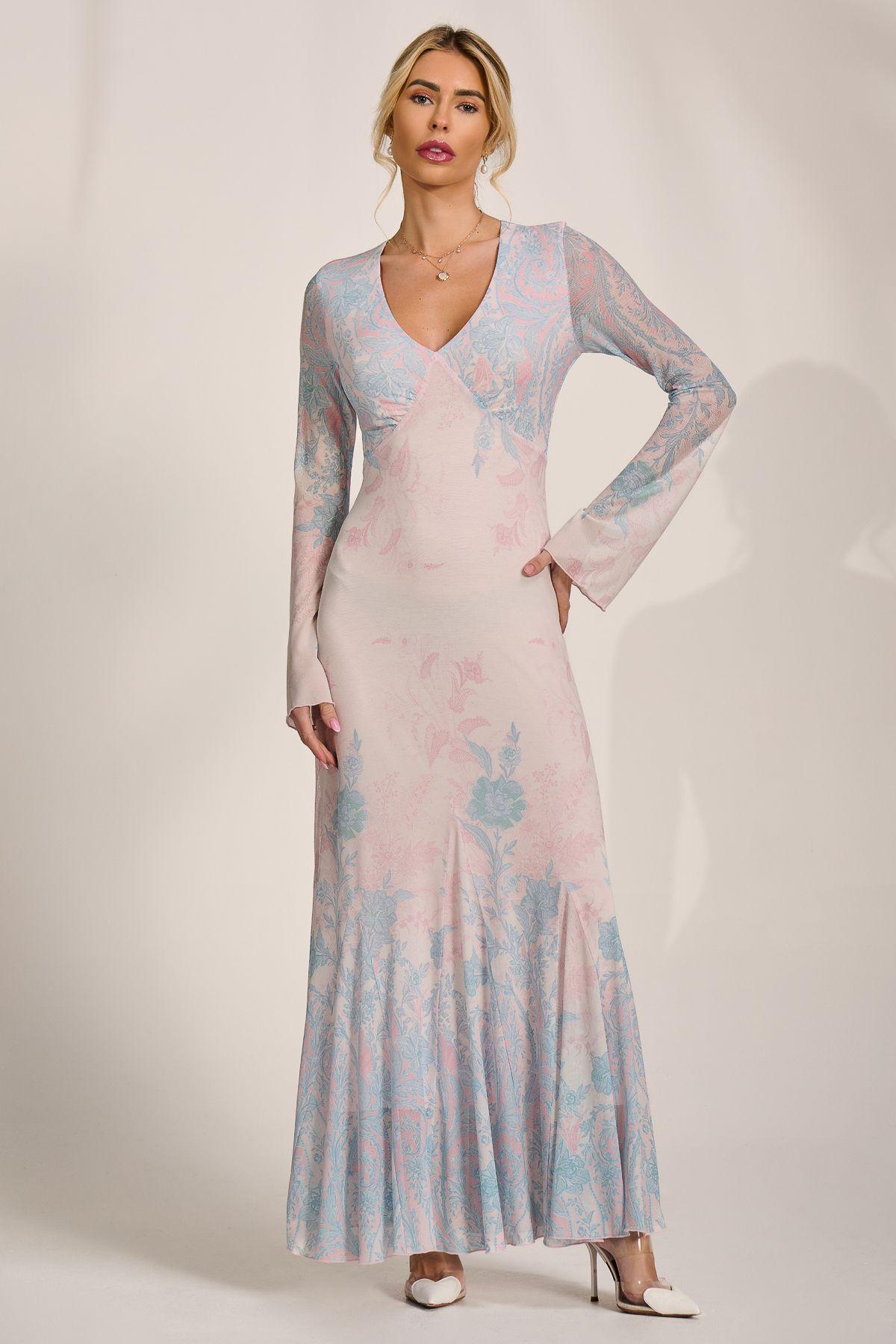 Long Sleeve Godet Mesh Maxi Dress by JOLIE MOI