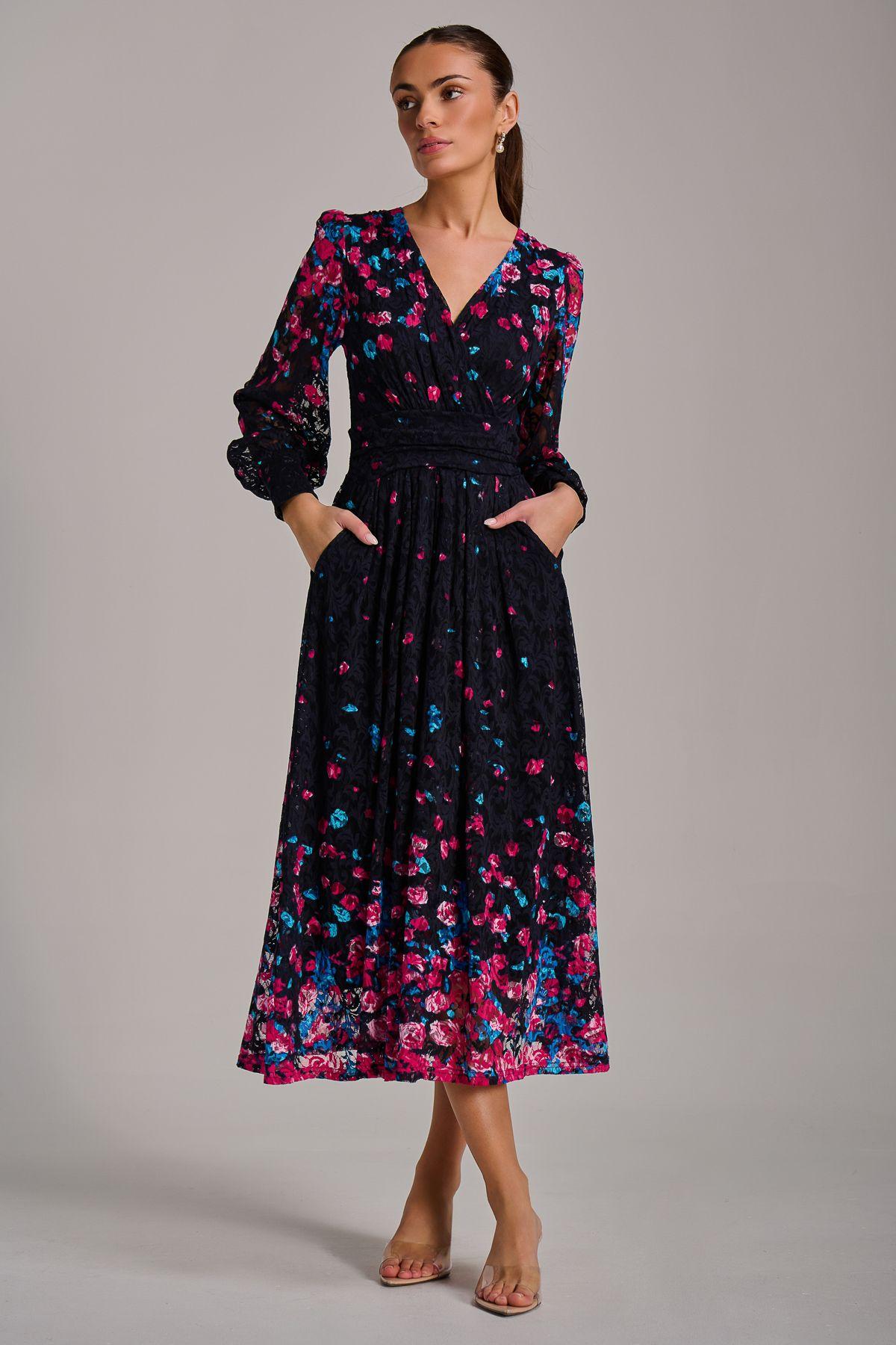 Long Sleeve Print Lace Maxi Dress by JOLIE MOI