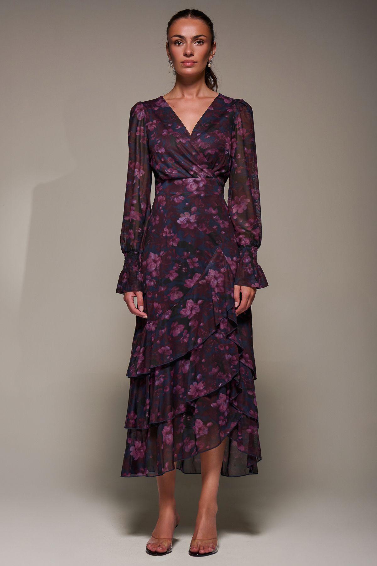 Long Sleeve Ruffle Hem Mesh Maxi Dress by JOLIE MOI