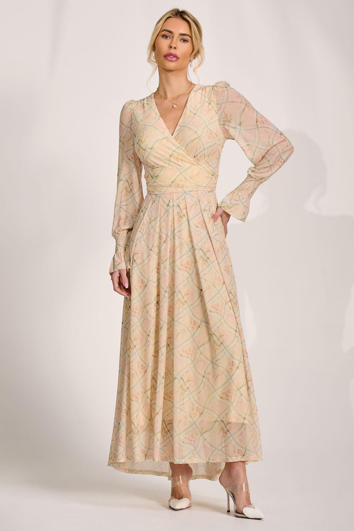 Long Sleeve V Neck Mesh Maxi Dress by JOLIE MOI