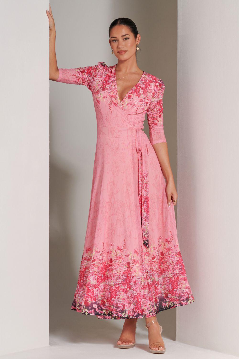 Peggy Ruched Sleeve Wrap Mesh Maxi Dress by JOLIE MOI