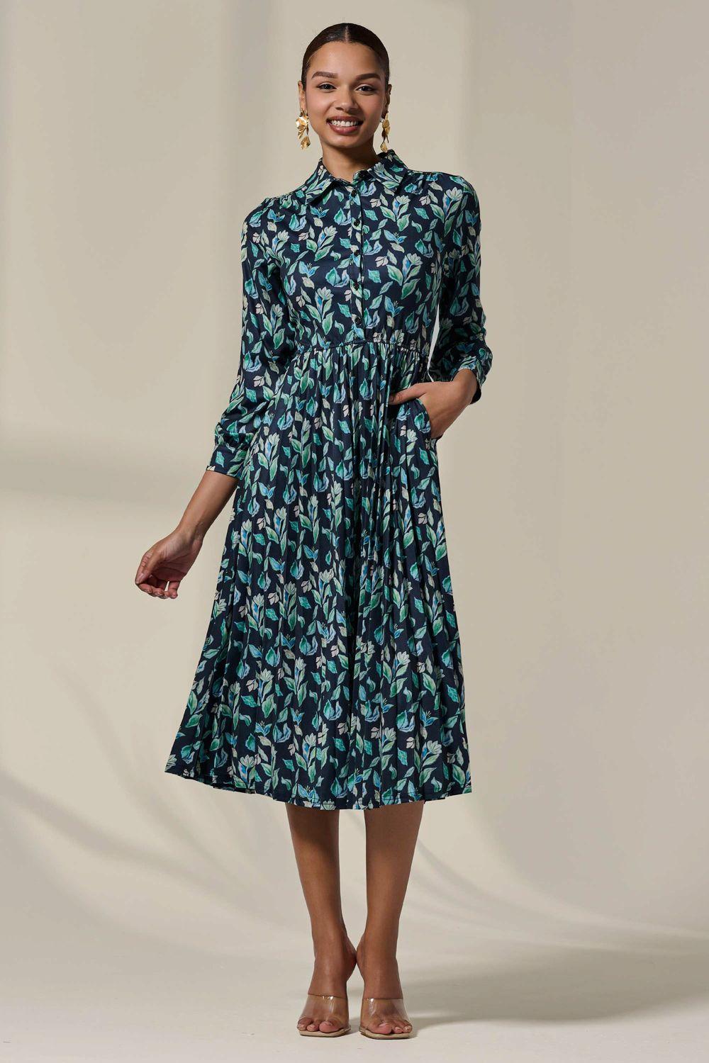 Pleated Button Up Midi Dress by JOLIE MOI