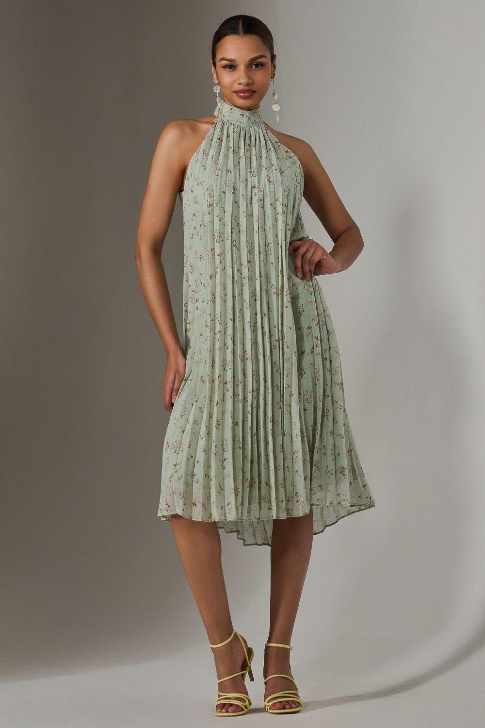 Pleated Halter Neck Midi Dress by JOLIE MOI