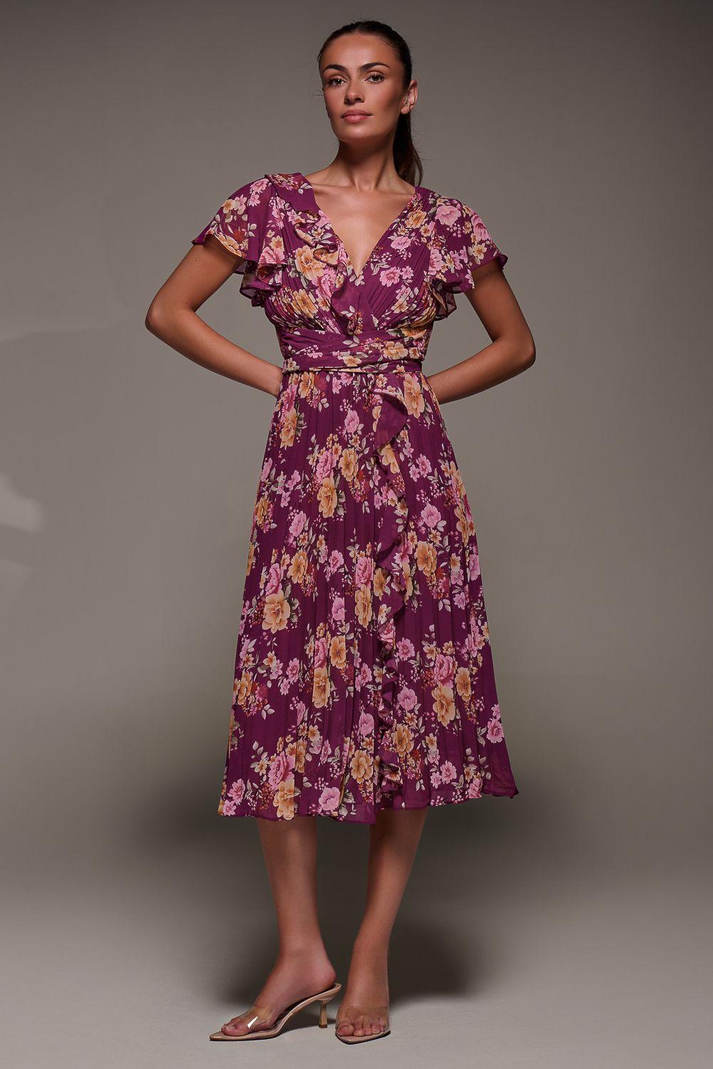 Printed Ruffle Detail Pleated Chiffon Midi Dress by JOLIE MOI Printed Ruffle Detail Pleated Chiffon Midi Dress by JOLIE MOI