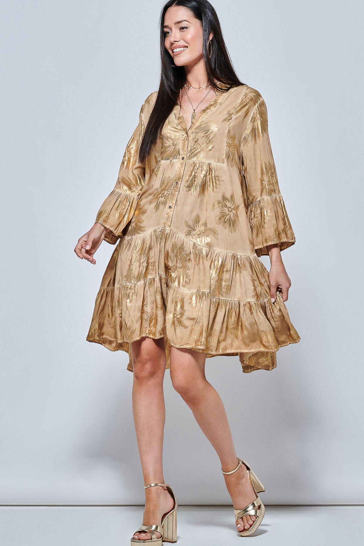 Printed Tiered Hem Holiday Midi Dress by JOLIE MOI