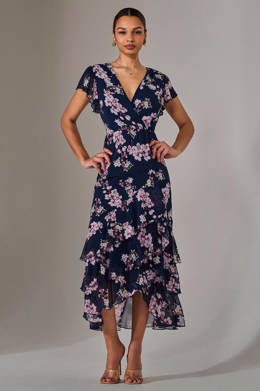 Printed Wrap Ruffle Maxi Dress by JOLIE MOI
