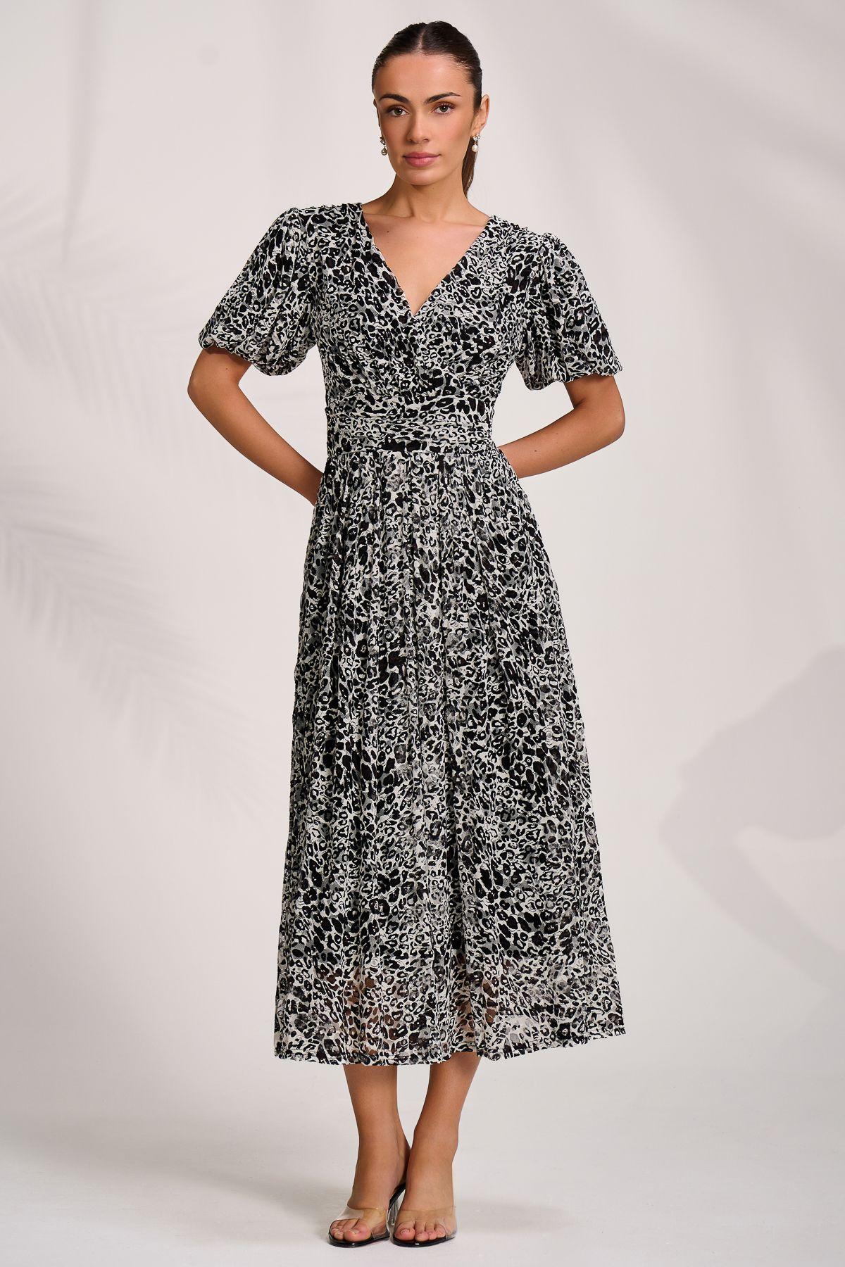 Puff Sleeve Printed Lace Maxi Dress by JOLIE MOI