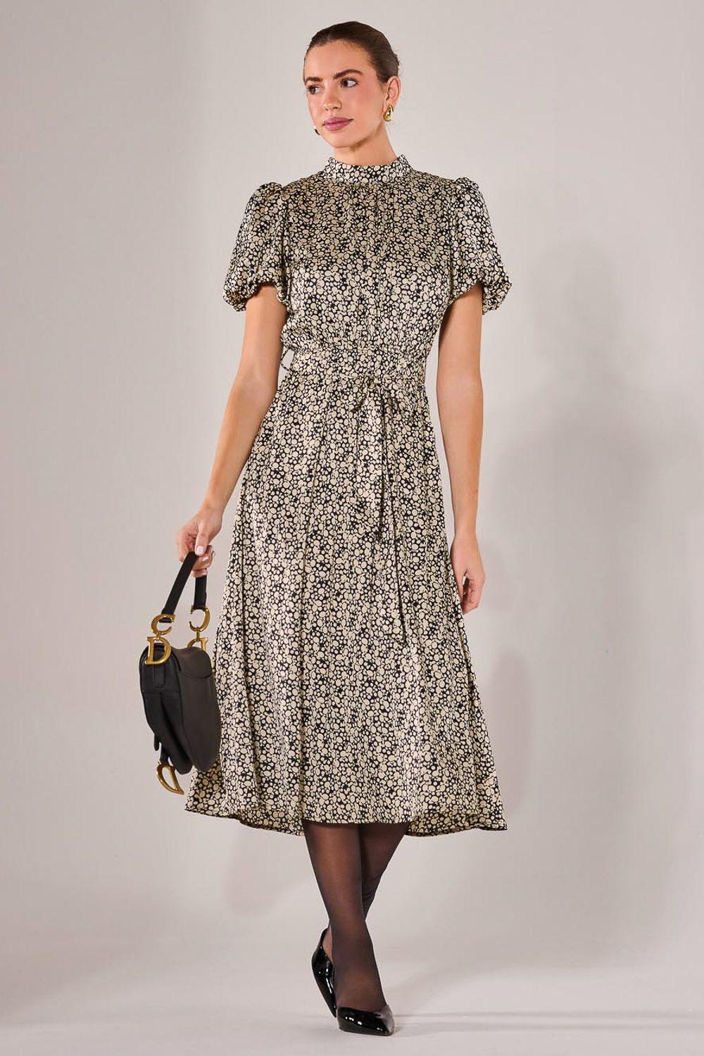 Puff Sleeve Tie Waist Midi Dress by JOLIE MOI