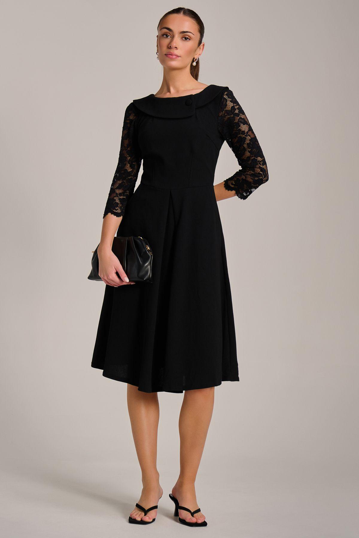 Roll Neck Lace Sleeve Fit & Flare Midi Dress by JOLIE MOI