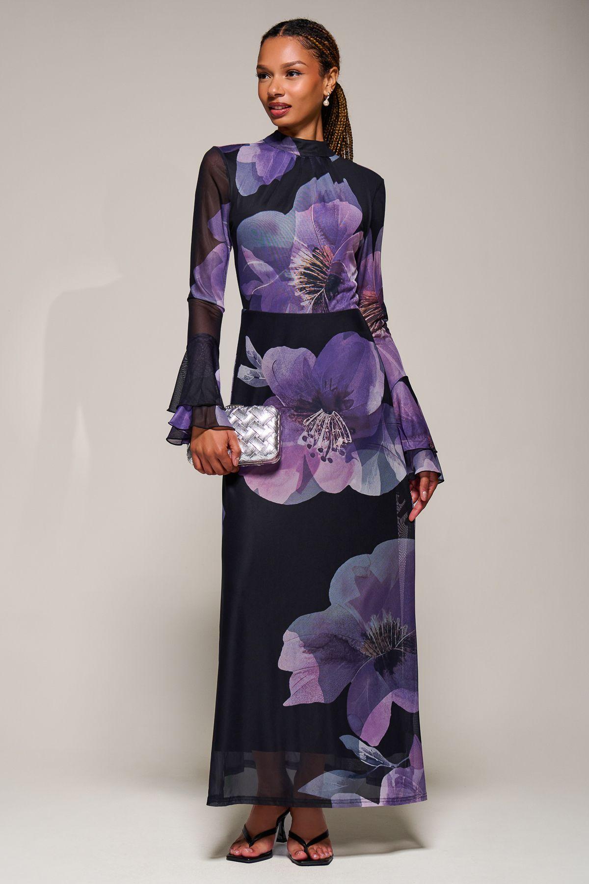 Ruffle Long Sleeve Mesh Maxi Dress by JOLIE MOI